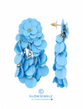 Blue earrings, linden wood, sequins, flower, waterfall