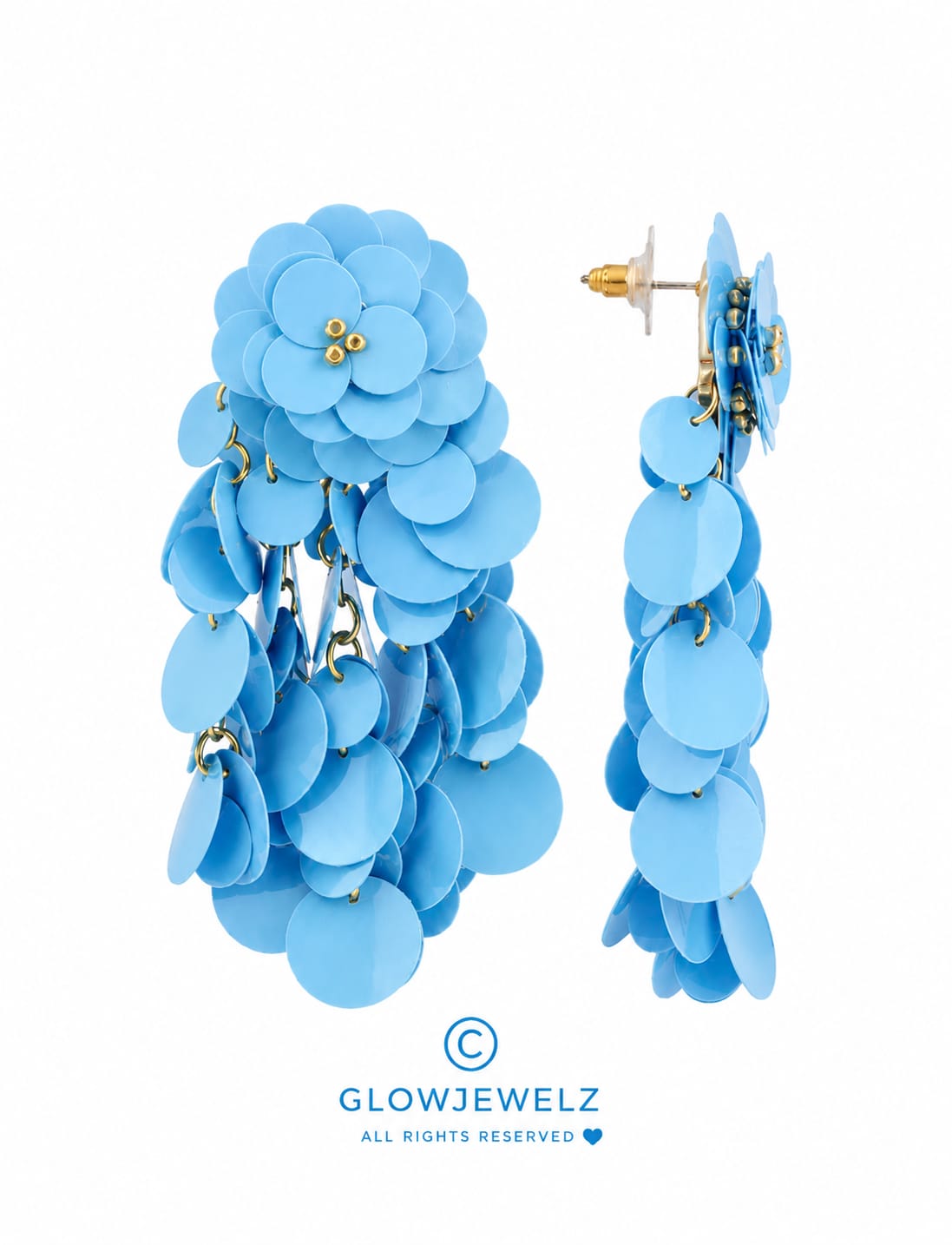 Blue earrings, linden wood, sequins, flower, waterfall