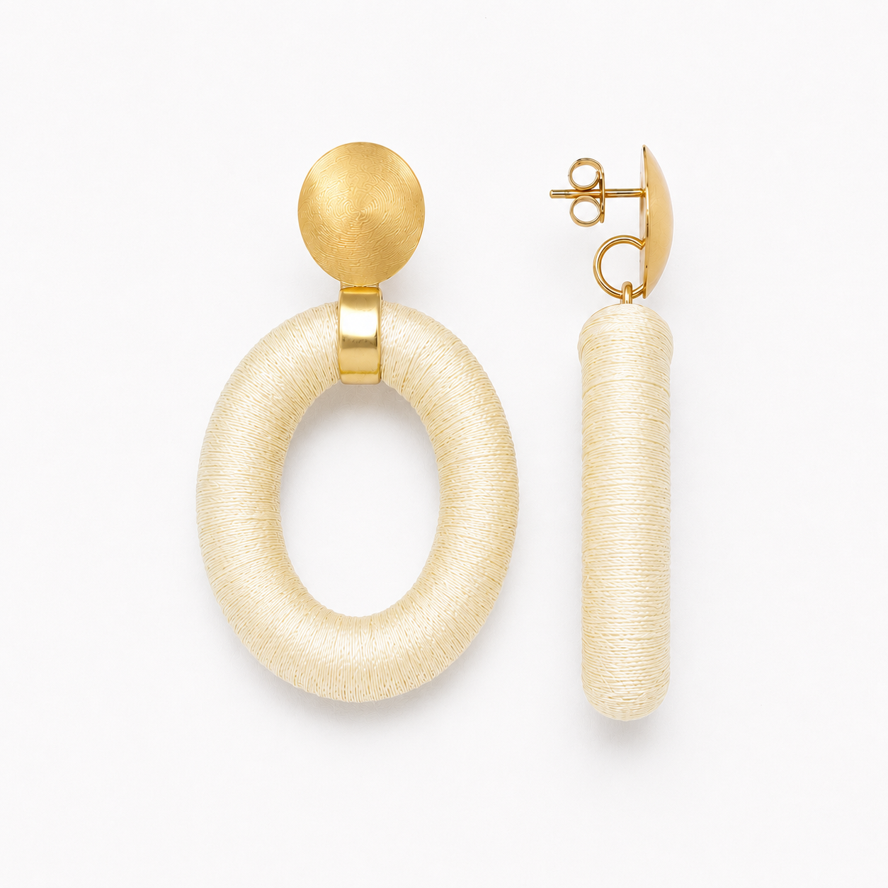White Earrings Faye Oval with Bead Threaded L Clip
