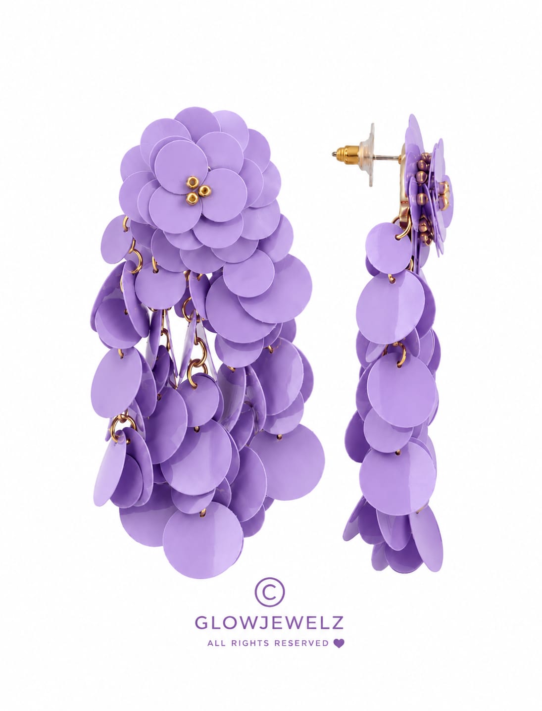 Lavender earrings, linden wood, sequins, flower, waterfall