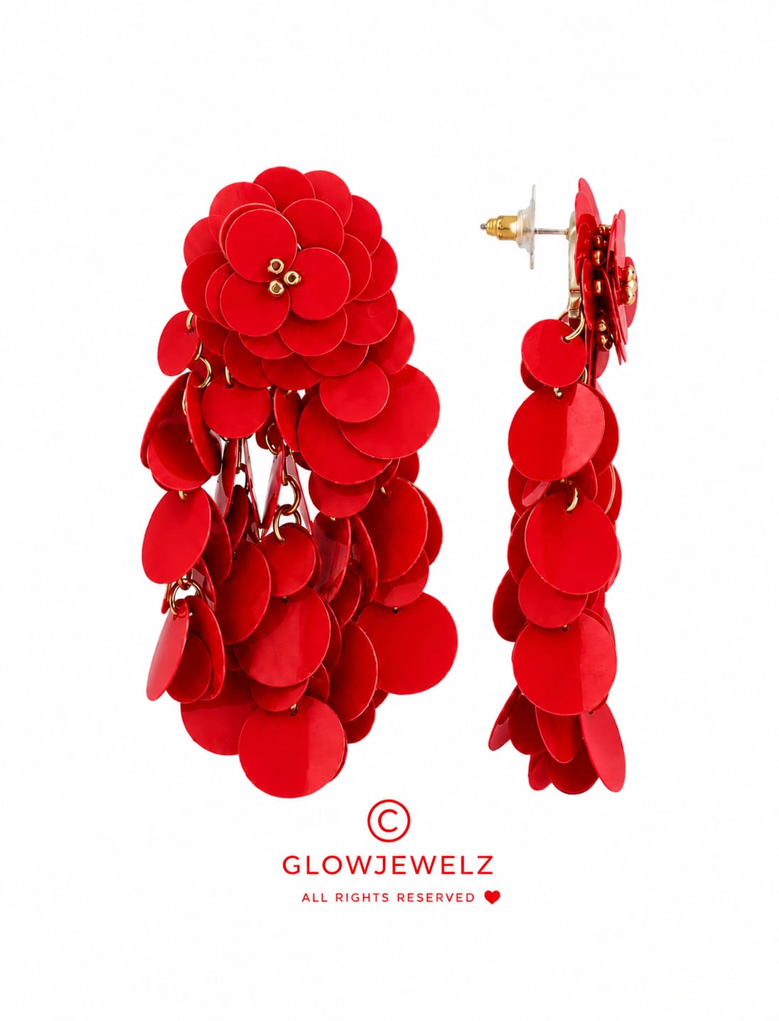 Red earrings, linden wood, sequins, flower, waterfall