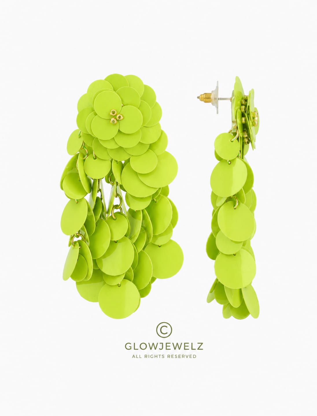 Lime green earrings, linden wood, sequins, flower, waterfall