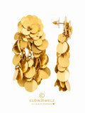 Gold earrings, linden wood, sequins, flower, waterfall