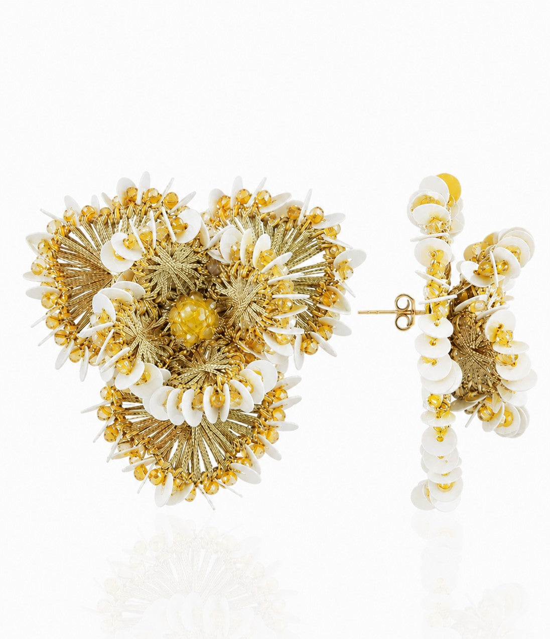 Gold&White Earing Flower w/ Sequins Clip Earring L Aster