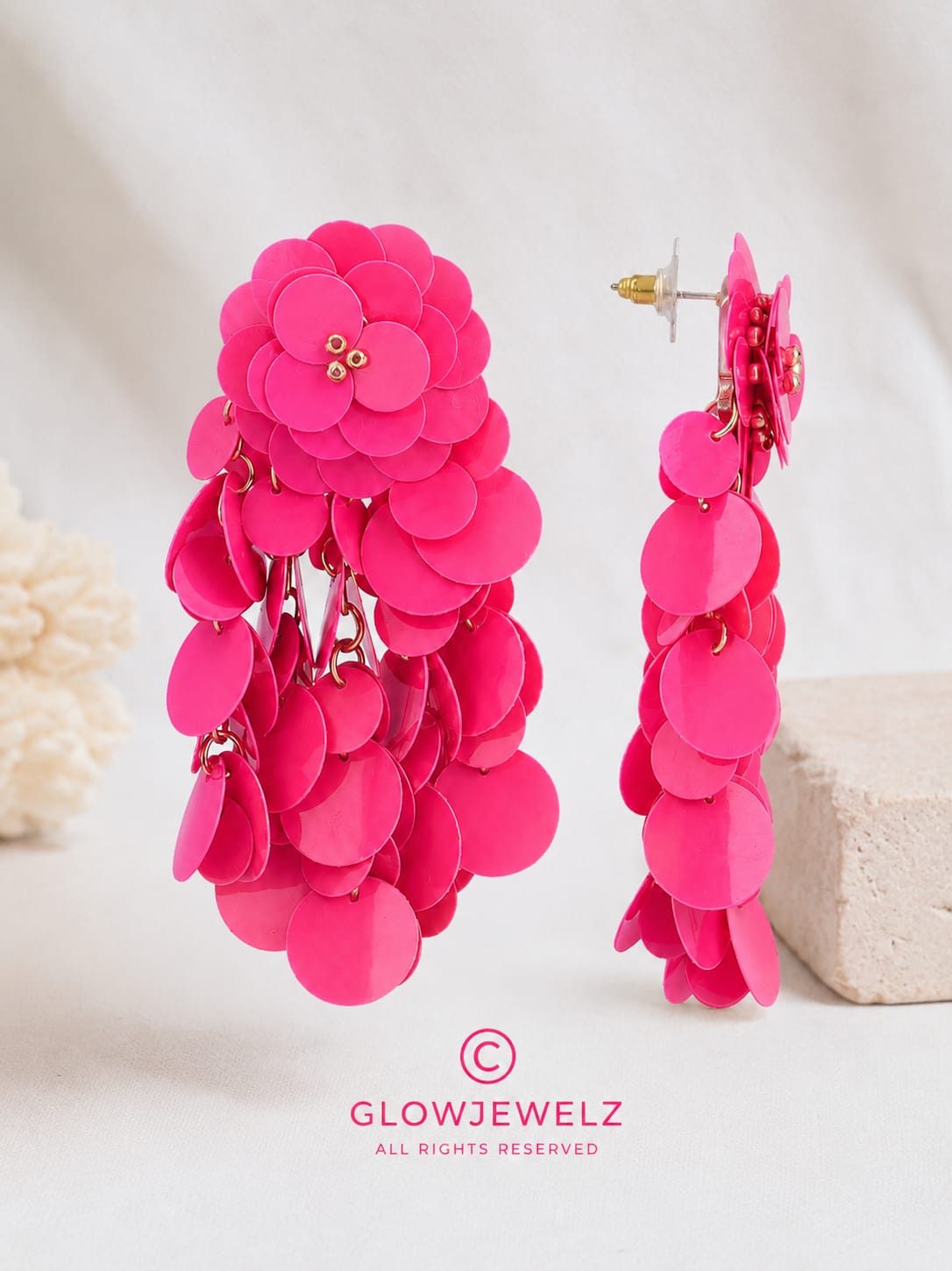 Pink earrings, linden wood, sequins, flower, waterfall