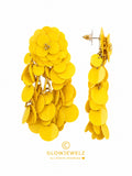 Yellow earrings, linden wood, sequins, flower, waterfall